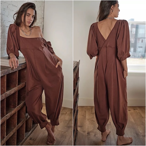 Free People Lotta Love Yellow Baggy Casual Princess Cinched Pleated Jumpsuit - Picture 2 of 10